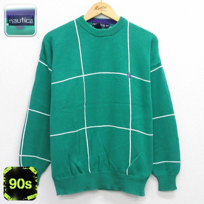 ノーティカ 90s 長袖セーター ワンポイントロゴ グリーンチェック L | 古着