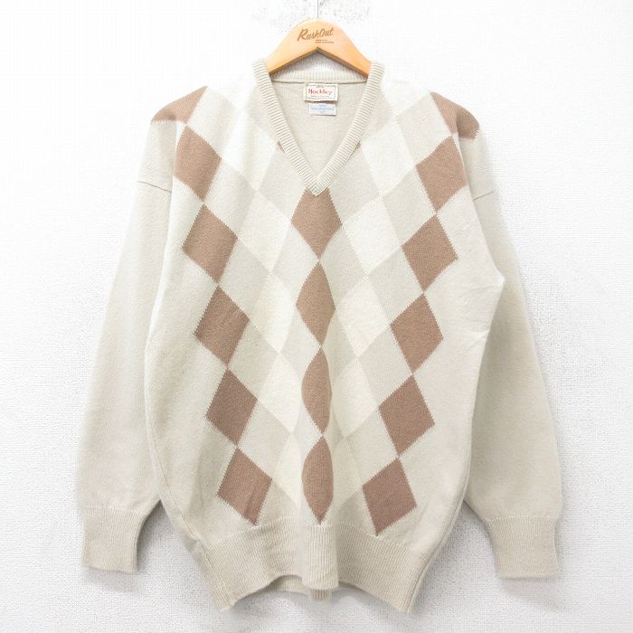 M★古着 長袖 セーター メンズ 80年代 80s アーガイル ラムウール Vネック イングランド製 ベージュ他 25nov29