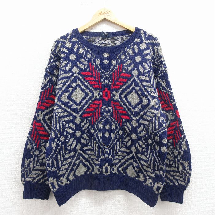 M★古着 GANT 長袖 ノルディック セーター メンズ 90年代 90s 雪柄 手織り ウール クルーネック 紺他 25nov29