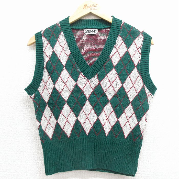 S★古着 ニット ベスト メンズ 80年代 80s アーガイル USA製 緑他 25dec01
