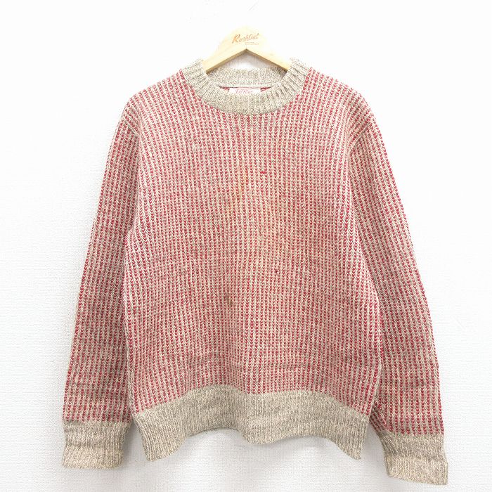 M★古着 長袖 セーター メンズ 80年代 80s バーズアイ クルーネック USA製 ベージュ他 25dec01