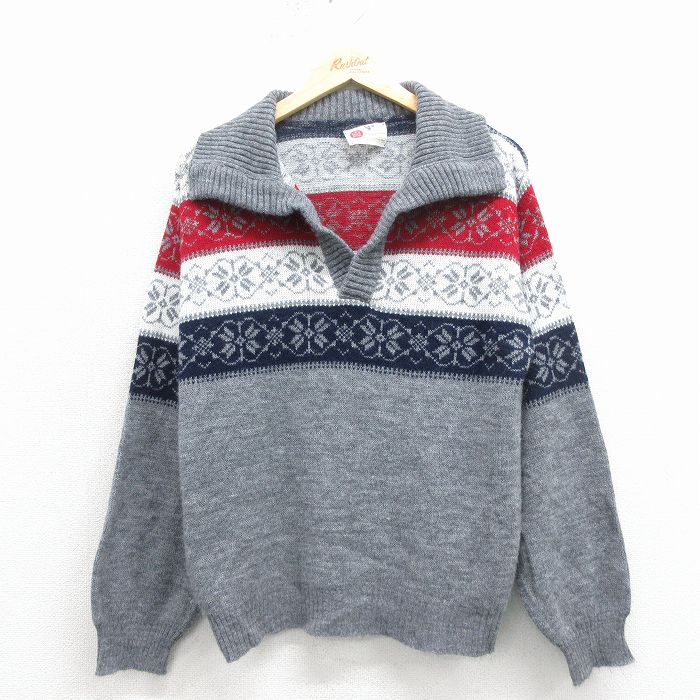 M★古着 シアーズ 長袖 ノルディック セーター メンズ 80年代 80s 雪柄 アクリル グレー 霜降り他【spe】 25dec01