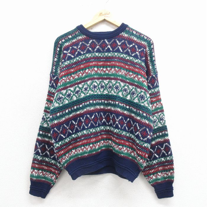 L★古着 シアーズ 長袖 セーター メンズ 90年代 90s フェアアイル アクリル クルーネック 紺他【spe】 25dec01