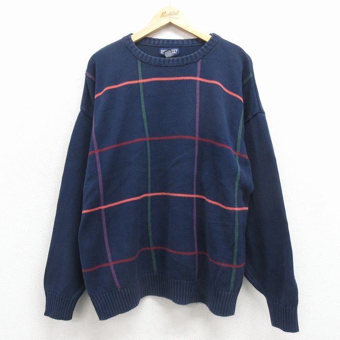 XL★古着 ランズエンド 長袖 セーター メンズ 90年代 90s コットン クルーネック USA製 紺他【spe】 25dec01