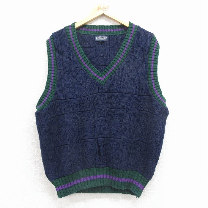 XL★古着 ランズエンド ニット ベスト メンズ 90年代 90s Vネック USA製 紺【spe】 25dec01