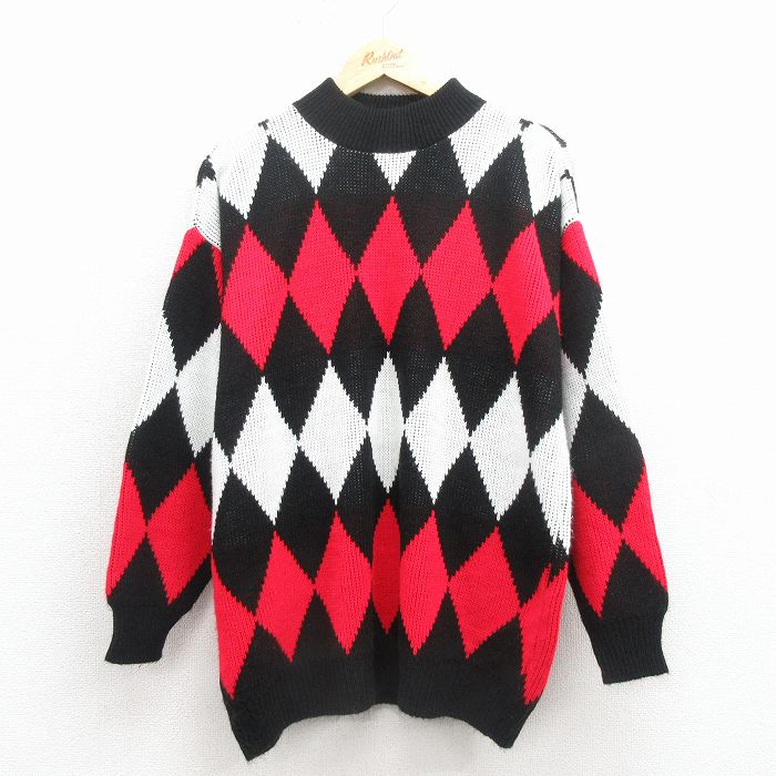 【20%OFF】L★古着 長袖 セーター メンズ 90年代 90s ダイヤ柄 アクリル モックネック ハイネック USA製 黒他 25dec01
