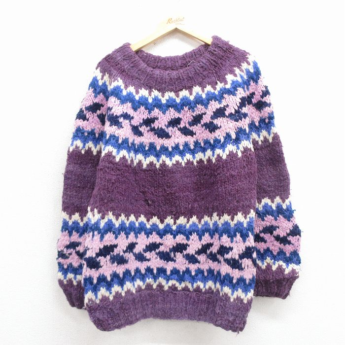 L★古着 長袖 セーター メンズ ウール クルーネック エクアドル製 紫【spe】 25dec01