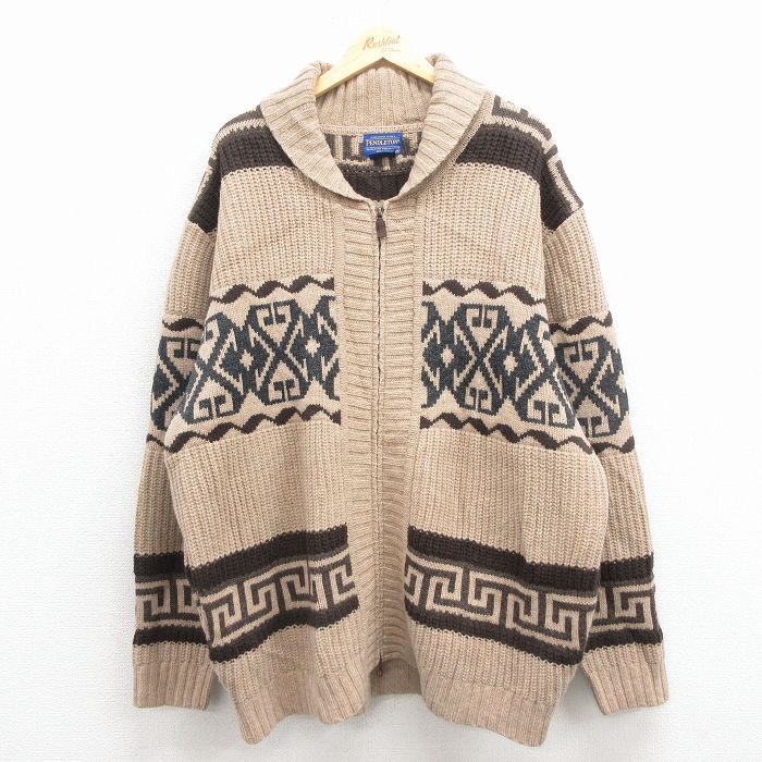 XL★古着 ペンドルトン 長袖 フルジップ カウチン ニット カーディガン メンズ 大きいサイズ ロング丈 ウール 茶他【spe】 25dec02