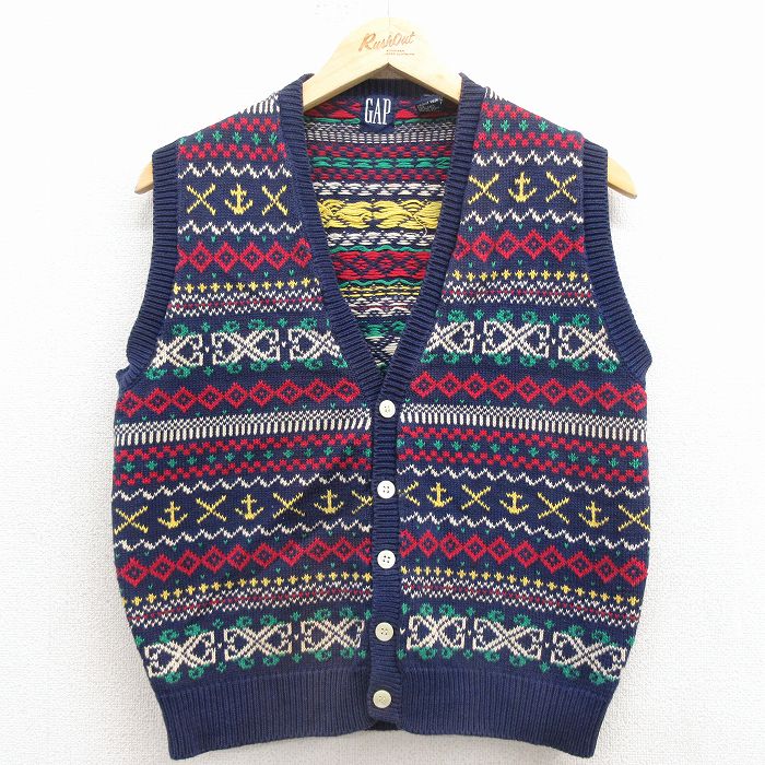 S★古着 ギャップ GAP ニット ベスト メンズ 90年代 90s フェアアイル コットン 紺他【spe】 25dec02