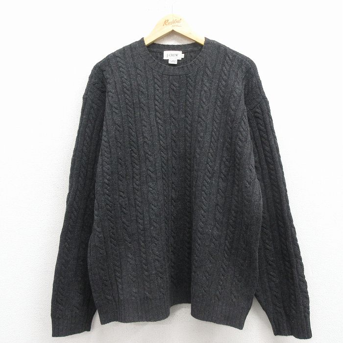 XL★古着 ジェイクルー 長袖 ケーブル セーター メンズ 00年代 00s ラムウール クルーネック グレー【spe】 25dec02