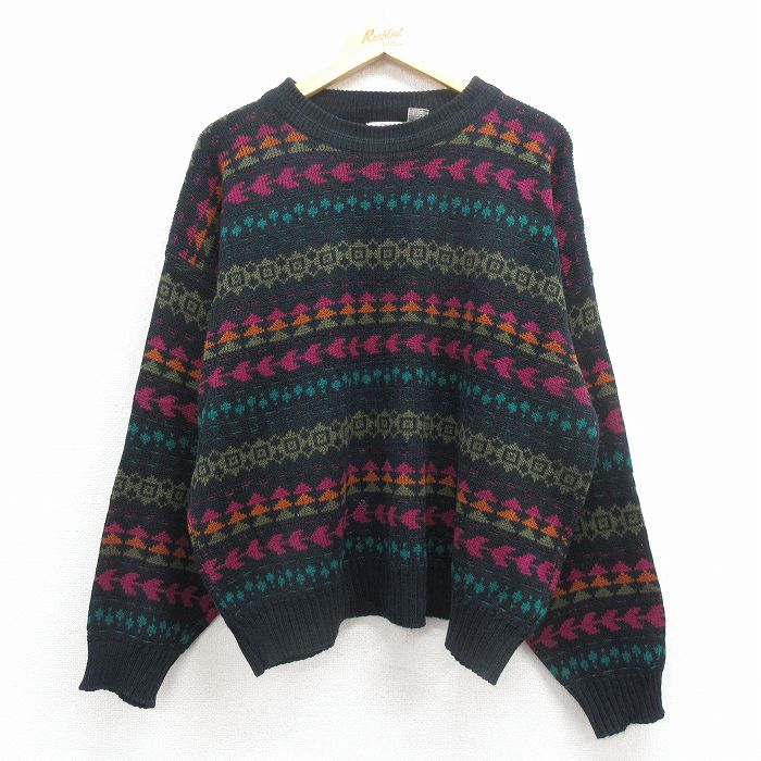 XL★古着 長袖 セーター メンズ 00年代 00s フェアアイル 大きいサイズ アクリル クルーネック 黒他 25dec02