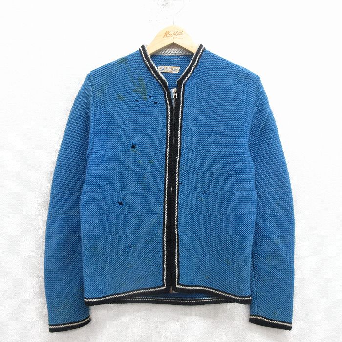 S★古着 長袖 ビンテージ フルジップ ニット カーディガン メンズ 70年代 70s ウール 青 25dec02