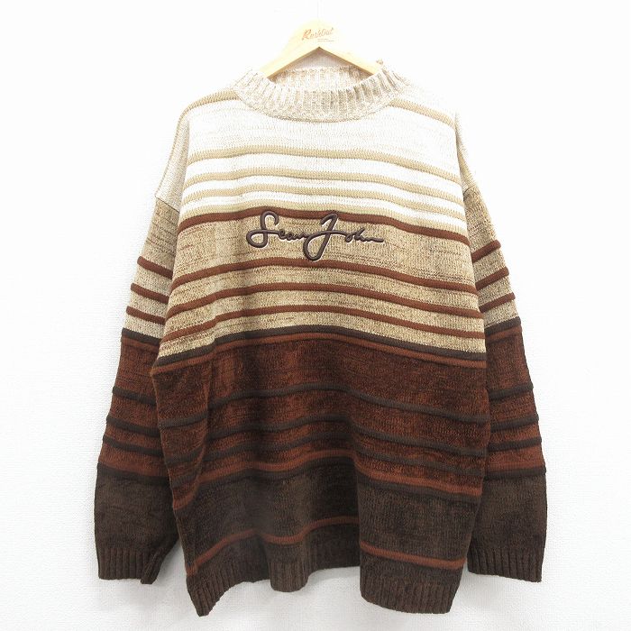 XL★古着 ショーンジョン 長袖 セーター メンズ ビッグロゴ 刺繍 大きいサイズ アクリル ベージュ他 ボーダー【spe】 25dec02