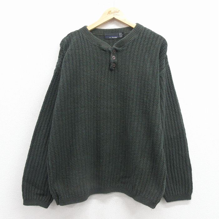 XL★古着 長袖 セーター メンズ 90年代 90s 無地 ヘンリーネック USA製 濃緑 25dec02