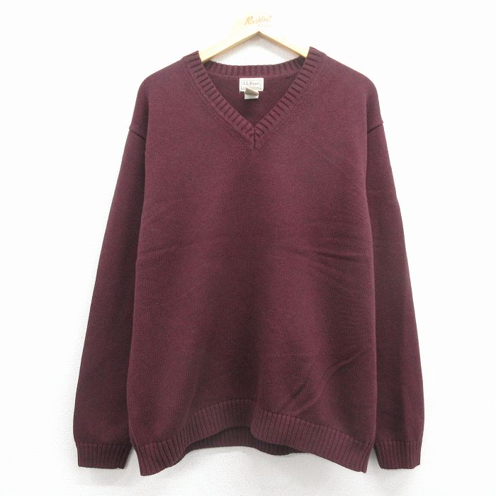XL★古着 エルエルビーン 長袖 セーター メンズ 00年代 00s 無地 コットン Vネック エンジ 25dec02