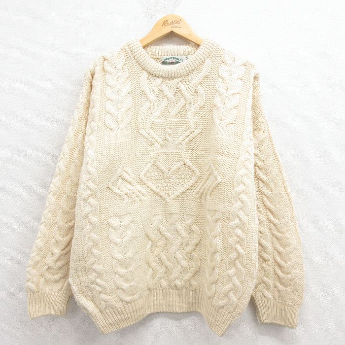 L★古着 長袖 アラン フィッシャーマン ケーブル セーター メンズ 90年代 90s ウール クルーネック アイルランド製 生成り【spe】 25dec02