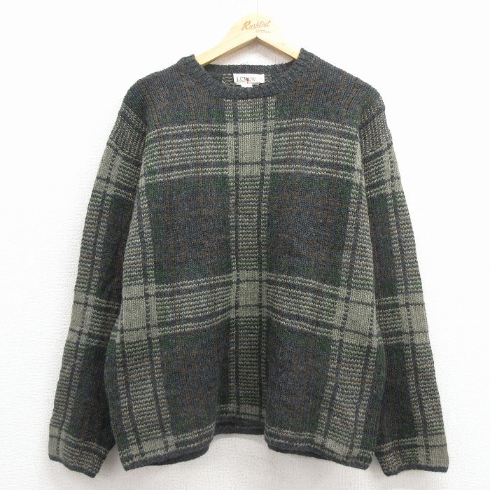 L★古着 ジェイクルー 長袖 セーター メンズ 90年代 90s ウール クルーネック 薄緑他 チェック 25dec02