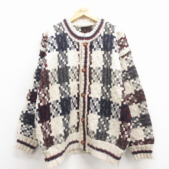 XL★古着 長袖 ニット カーディガン メンズ ウール エクアドル製 生成り【spe】 25dec02