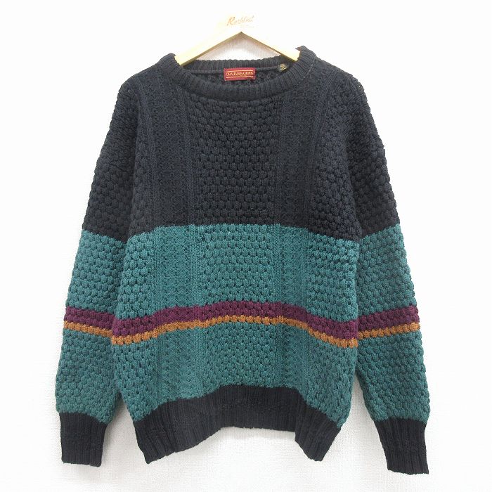 【20%OFF】L★古着 長袖 セーター メンズ 90年代 90s 手織り コットン クルーネック アイルランド製 黒 25dec03