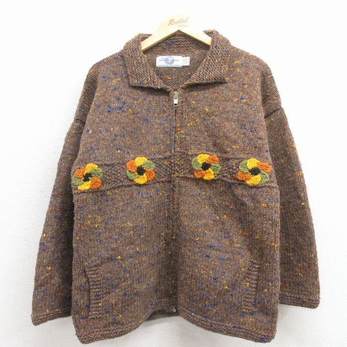 L★古着 長袖 ニット カーディガン メンズ 90年代 90s 花柄 手編み ウール エクアドル製 濃ベージュ【spe】 25dec03