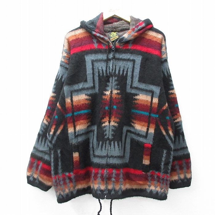 XL★古着 TEJIDOS RUMINAHUI 長袖 フルジップ ニット カーディガン パーカー メンズ 00年代 00s ネイティブ柄 ラグ柄 黒【spe】 25dec03