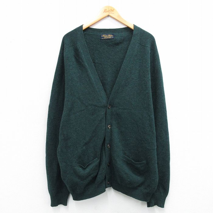 XL★古着 ブルックスブラザーズ 長袖 ブランド ニット カーディガン メンズ 00年代 00s 無地 ラグラン 大きいサイズ ラムウール イギリス製 濃緑 25dec04