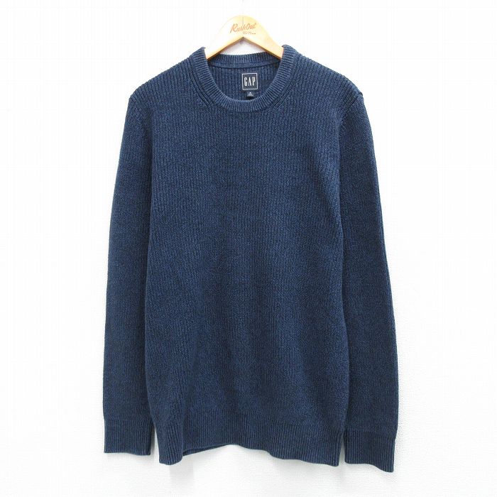 M★古着 ギャップ GAP 長袖 セーター メンズ 00年代 00s 無地 コットン クルーネック 紺 25dec04