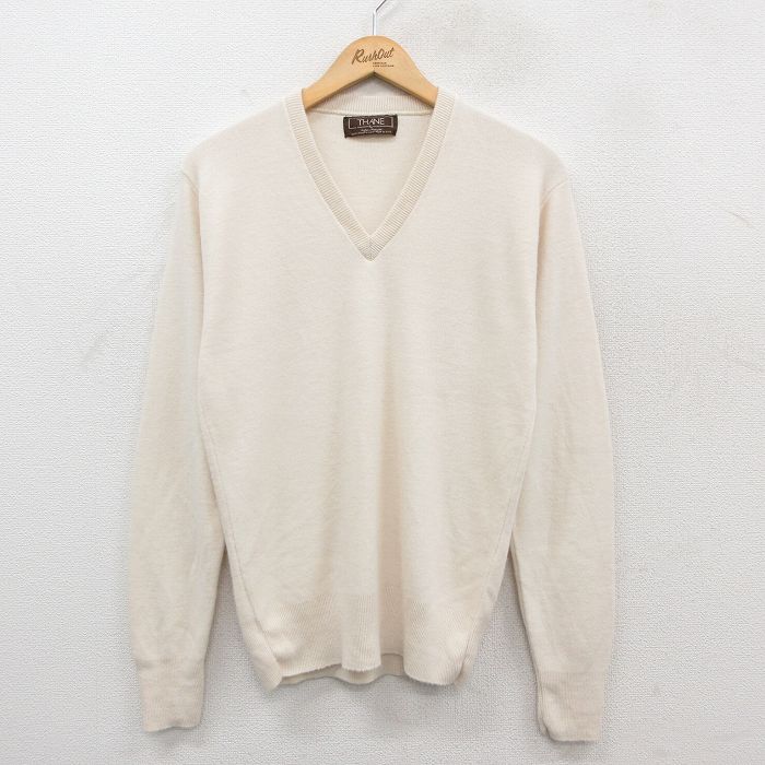 S★古着 長袖 セーター メンズ 90年代 90s 無地 アクリル Vネック USA製 薄ベージュ 25dec04