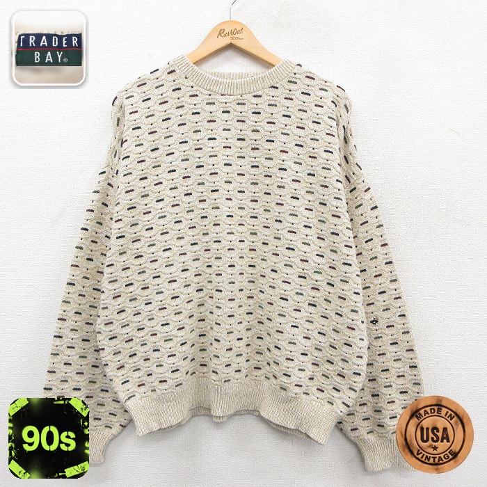 【50%OFF】90s 長袖セーター 総柄 ベージュ XL | 古着