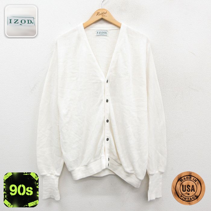 【50%OFF】IZOD 90s 長袖カーディガン ワンポイントロゴ ホワイト XL | 古着