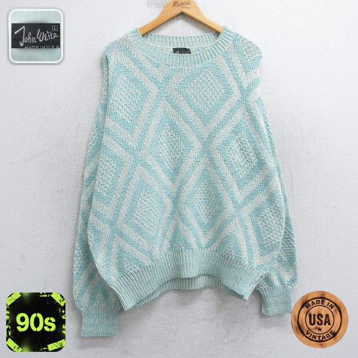 【50%OFF】90s 長袖セーター 総柄 ライトブルー XL | 古着
