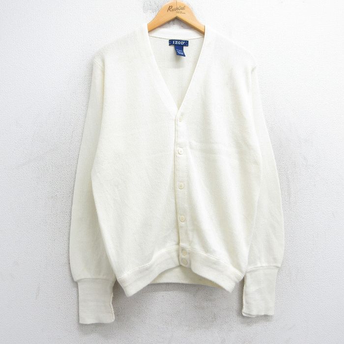 M★古着 IZOD 長袖 ニット カーディガン メンズ 90年代 90s ワンポイントロゴ アクリル USA製 白 25dec05