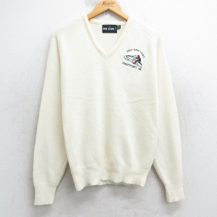 S★古着 長袖 セーター メンズ 90年代 90s スノーモービル ラグラン アクリル Vネック USA製 薄黄 25dec05