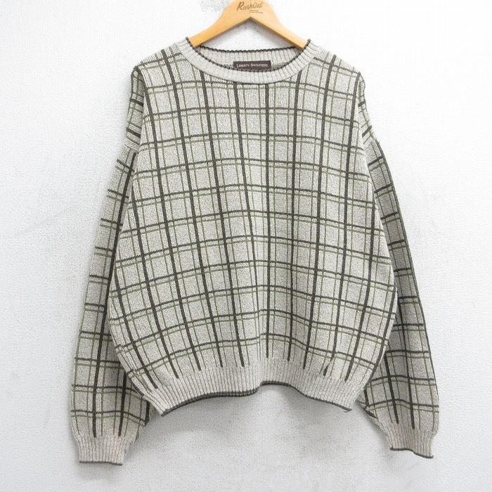 XL★古着 長袖 セーター メンズ 90年代 90s クルーネック USA製 ベージュ他 チェック 25dec05