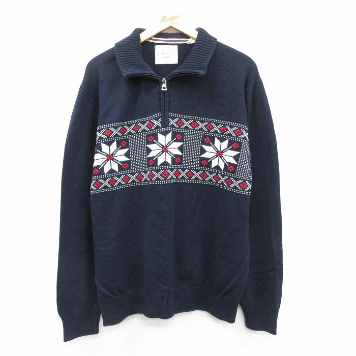 L★古着 WEATHERPROOF 長袖 ハーフジップ ノルディック セーター メンズ 雪柄 コットン 紺他 25dec05