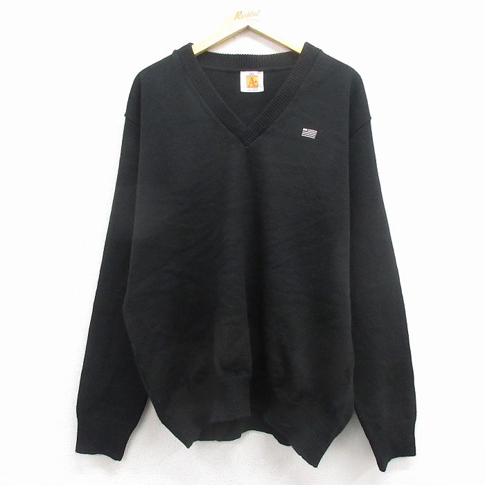 XL★古着 長袖 セーター メンズ 00年代 00s 星条旗 大きいサイズ アクリル Vネック 黒 25dec05