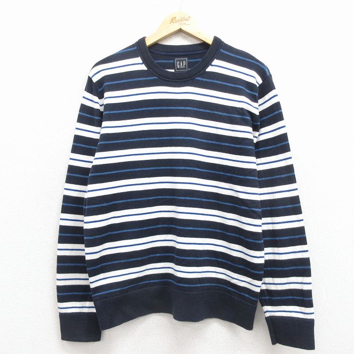 M★古着 ギャップ GAP 長袖 セーター メンズ コットン クルーネック 紺他 ボーダー 25dec05