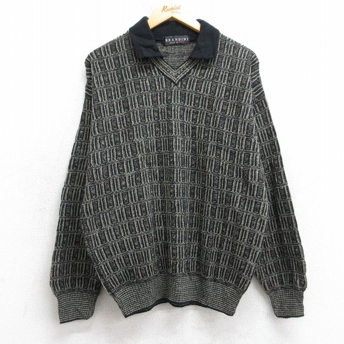 M★古着 長袖 セーター メンズ 90年代 90s 襟付き Vネック イタリア製 デッドストック ベージュ系他 25dec11