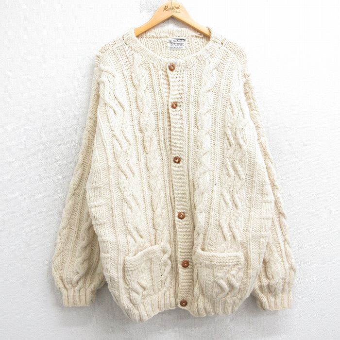 XL★古着 長袖 ケーブル ニット カーディガン メンズ 90年代 90s 手編み ハンドメイド 大きいサイズ ウール 生成り【spe】 25dec11