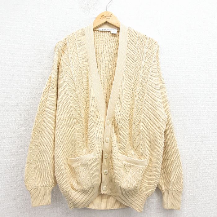 XL★古着 長袖 ニット カーディガン メンズ 00年代 00s コットン 薄ベージュ 25dec11