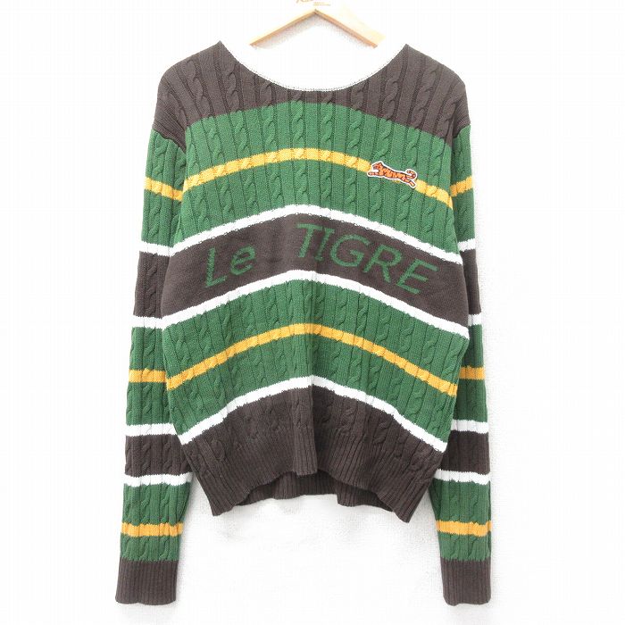 M★古着 ルティグレ 長袖 ケーブル セーター メンズ ビッグロゴ クルーネック 緑他 ボーダー 25dec12