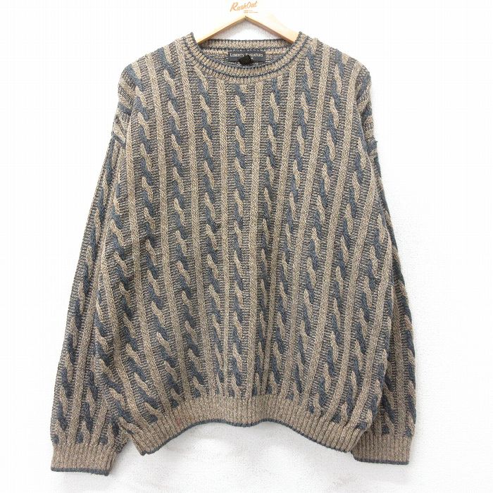XL★古着 長袖 ケーブル セーター メンズ 90年代 90s 大きいサイズ クルーネック USA製 茶他 25dec13