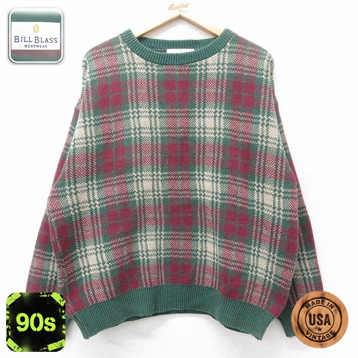 【50%OFF】90s 長袖セーター チェック グリーン L | 古着