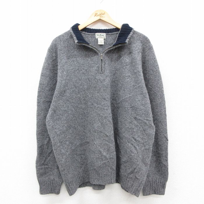 XL★古着 エルエルビーン 長袖 ハーフジップ セーター メンズ 00年代 00s ヒジ当て シェットランドウール  グレー 25dec13