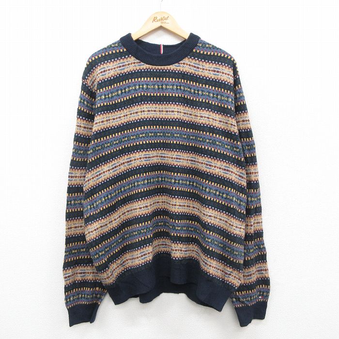 XL★古着 トミーヒルフィガー 長袖 ブランド セーター メンズ 大きいサイズ クルーネック 紺他 25dec13