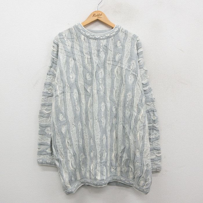 XL★古着 長袖 セーター メンズ 3Dニット アクリル クルーネック 薄グレー他 25dec13