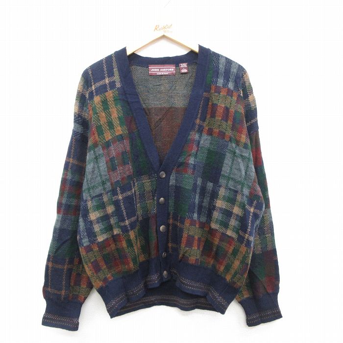 XL★古着 長袖 ニット カーディガン メンズ 90年代 90s ウール イタリア製 濃紺他 チェック 25dec13
