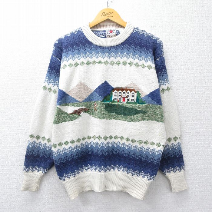 90s 長袖セーター ゴルフ刺繍 ホワイト M | 古着