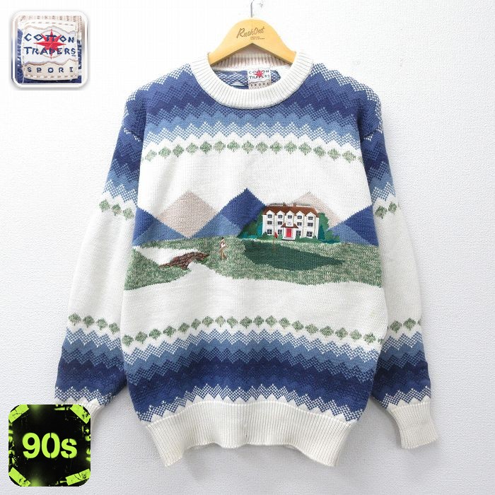 90s 長袖セーター ゴルフ刺繍 ホワイト M | 古着