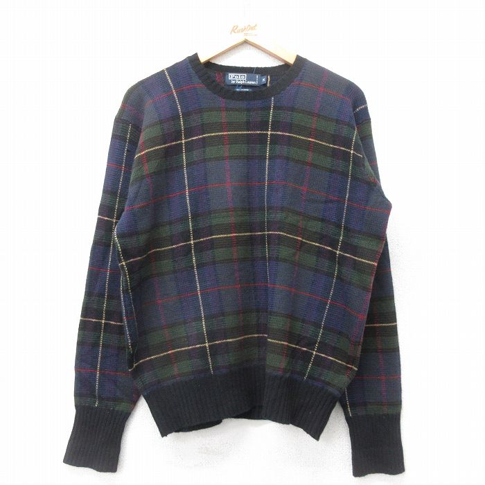 M★古着 ラルフローレン 長袖 ブランド セーター メンズ 90年代 90s カシミア カシミヤ ラムウール クルーネック 紺他 チェック【spe】 25dec18